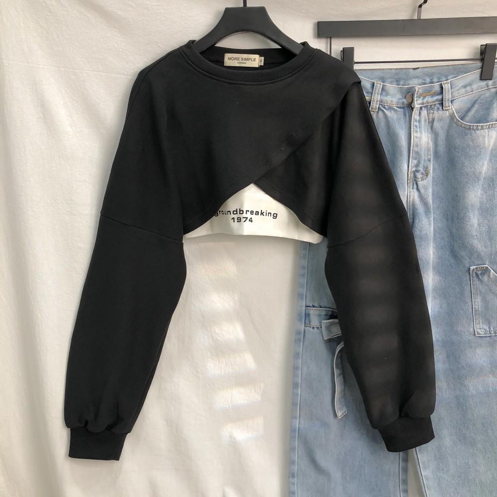 Áo Croptop Dài Tay Dáng Rộng Đắp Chéo Phong Cách Hàn Quốc