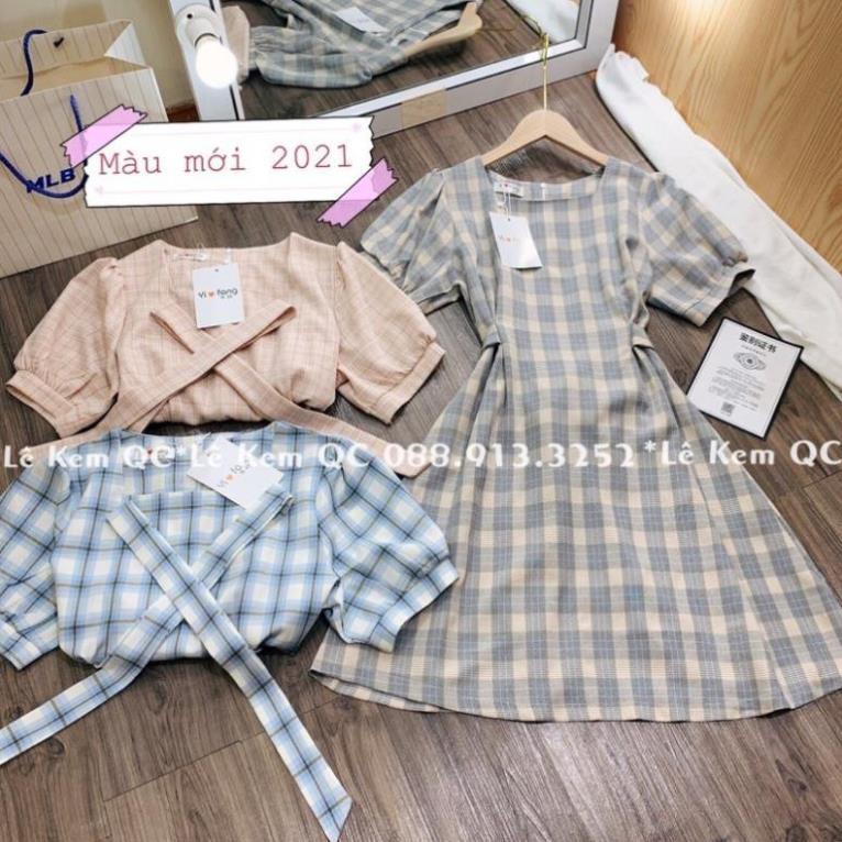 Váy Kẻ Caro Váy Cổ Vuông Tay Bồng Vintage Có Thắt Eo ! *