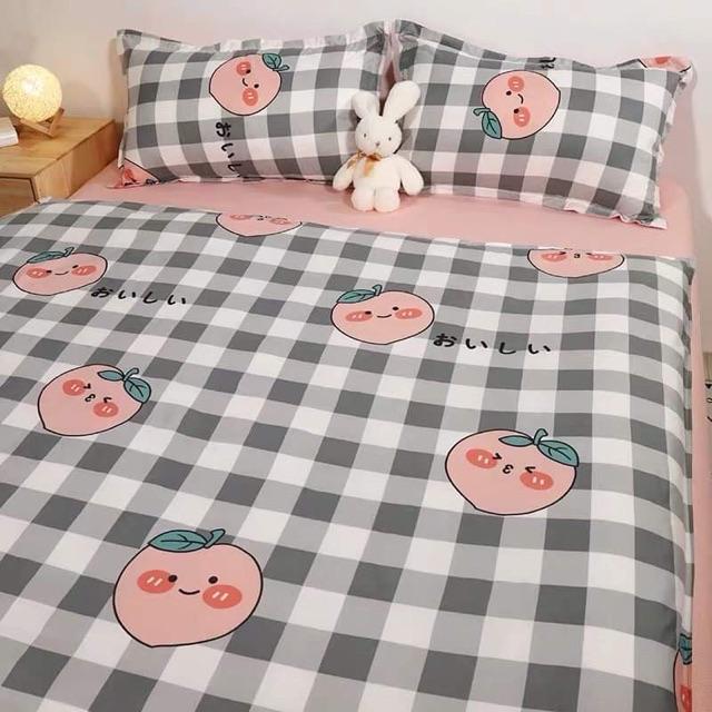 Set Chăn Ga Cotton Poly Đào Mà Hồng Ga Kẻ Caro Trắng Xám Cực Chất Shinbedding.shop