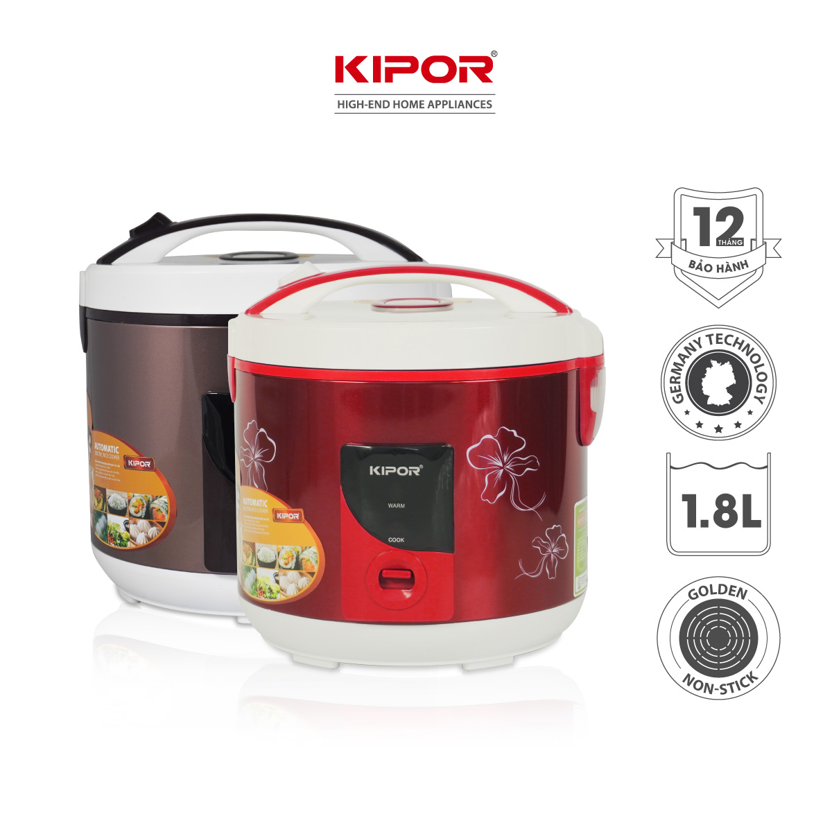 Nồi cơm điện KIPOR KP-25918 - 1.8L - Phủ chống dính HOÀNG KIM, Nồi cơm có tặng kèm vỉ hấp - phù hợp 4-6 người ăn - Hàng chính hãng