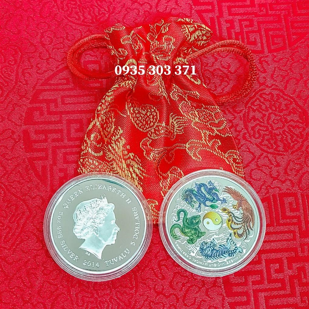 Đồng Xu May Mắn Tứ Linh Long-Lân-Quy-Phụng Quà Tết 2021 - Tặng Kèm Túi Gấm Đỏ