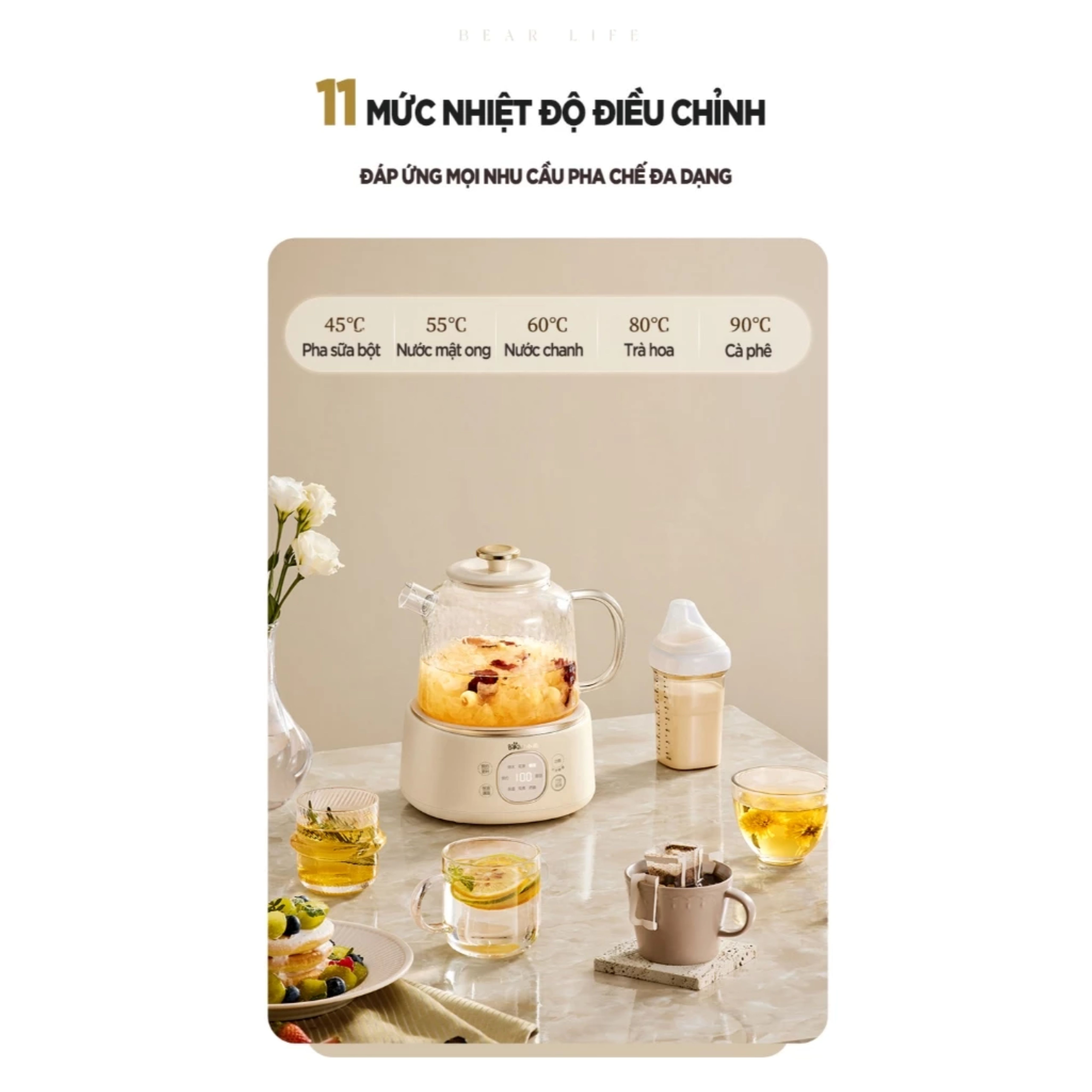 Bình đun đa năng Bear HLP-105W công suất 800W - Đa Năng Nấu Trà Dưỡng Sinh An Toàn Tiện Lợi, Hàng Chính Hãng