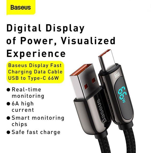 Cáp Sạc Nhanh Baseus Display Fast Charging Data Cable USB to Type-C 66W dùng cho Samsung,HTC,huawei, Xiaomi...- Hàng chính hãng