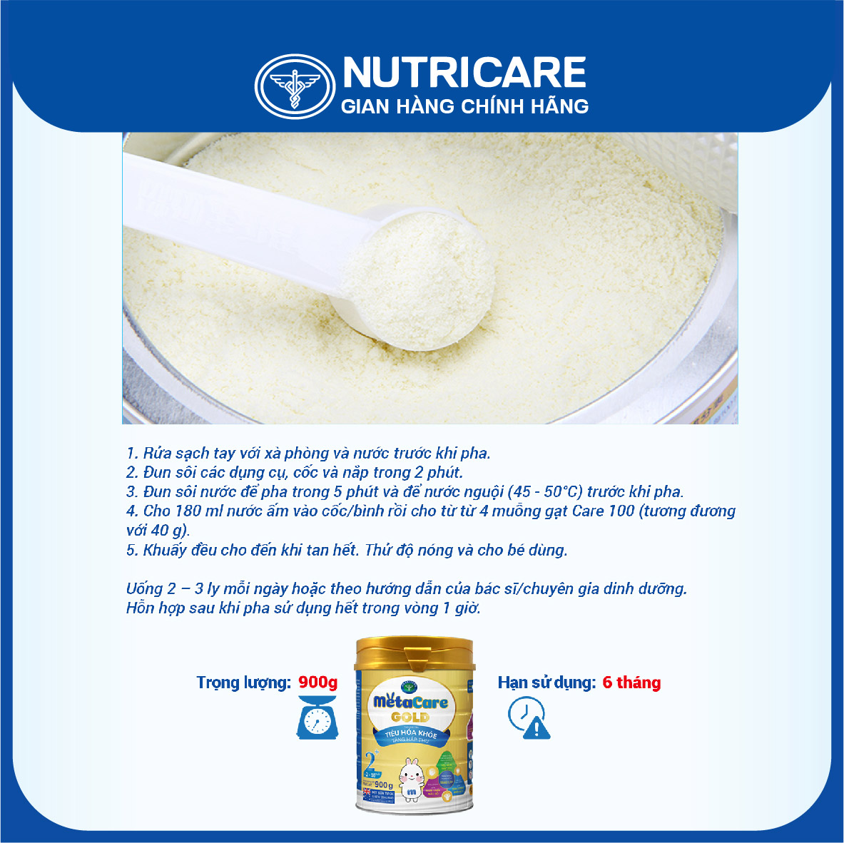 [Tặng 2 lọ yến]  Sữa bột Nutricare MetaCare Gold 2+ tiêu hóa khỏe tăng hấp thu 900g