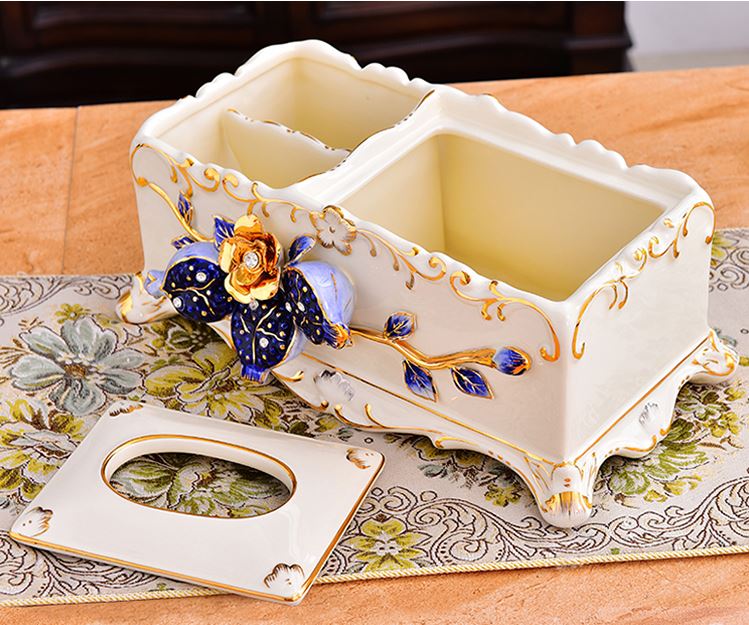 Hộp đựng giấy ăn và những vật dụng nhỏ nhặt khác bằng sứ cao cấp họa tiết hoa văn nổi phong cách tân cổ điển sang trọng, trẻ trung, thời thượng