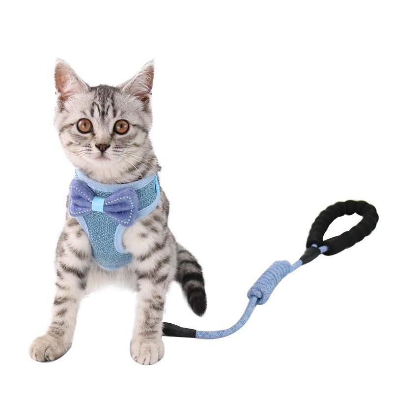 Dây dắt mèo chó đi dạo kết hợp áo vest tây với thắt lơ cá tính đan dù thoáng khí cho Anh Hoàng 2 màu (ghi-xanh lam)