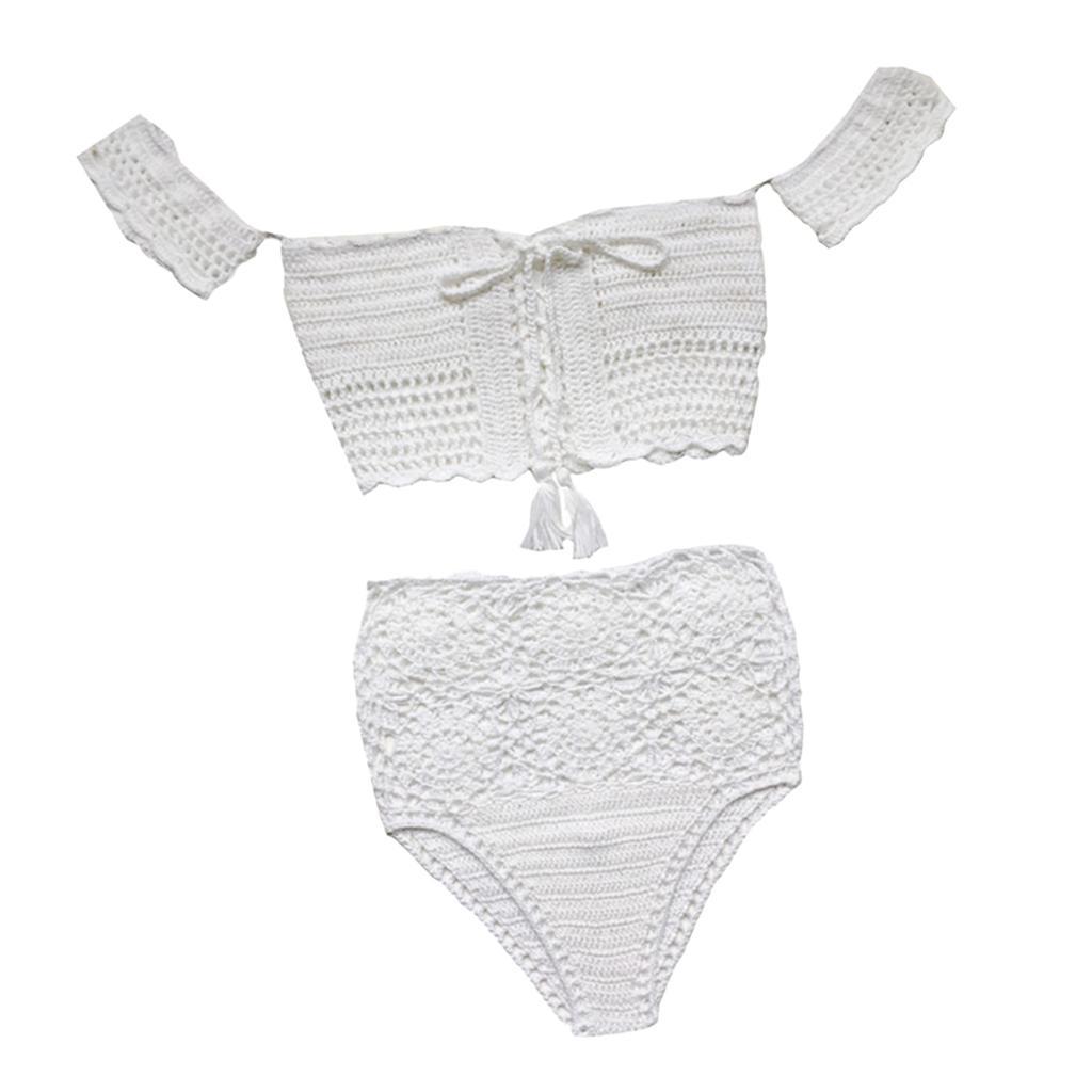Women Lady Bohemian Two Piece Crochet High Waisted Swimwear Bikini Set White Lace Knit Swimsuit Bathing Suit