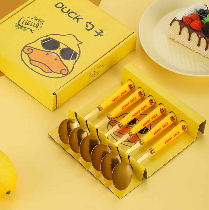 Bộ 6 Thìa Muỗng Vàng Happy Duck Mạ Vàng Cán Dài Full Box