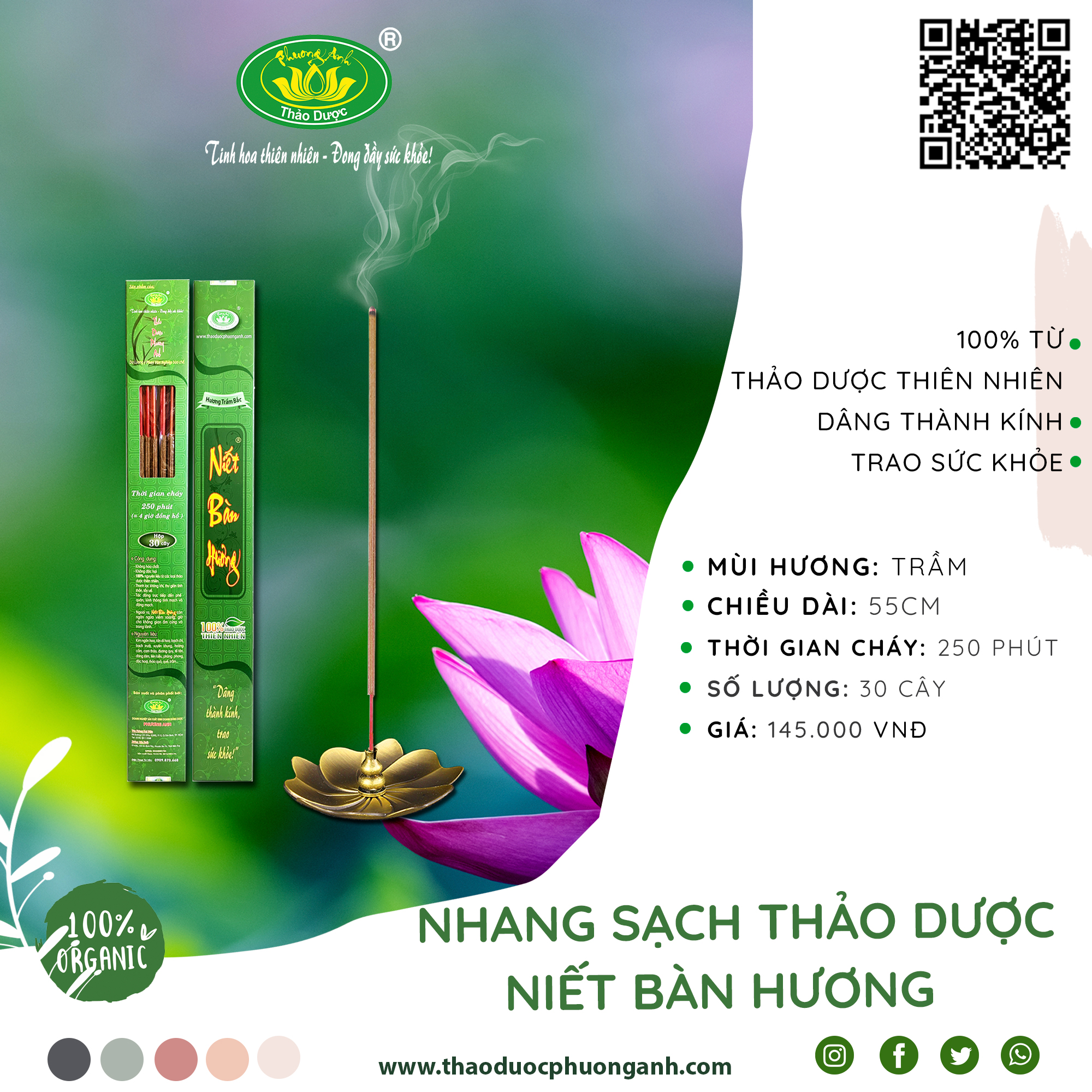 Nhang sạch thảo dược Niết Bàn Hương 5 Tấc thời gian cháy 250 phút