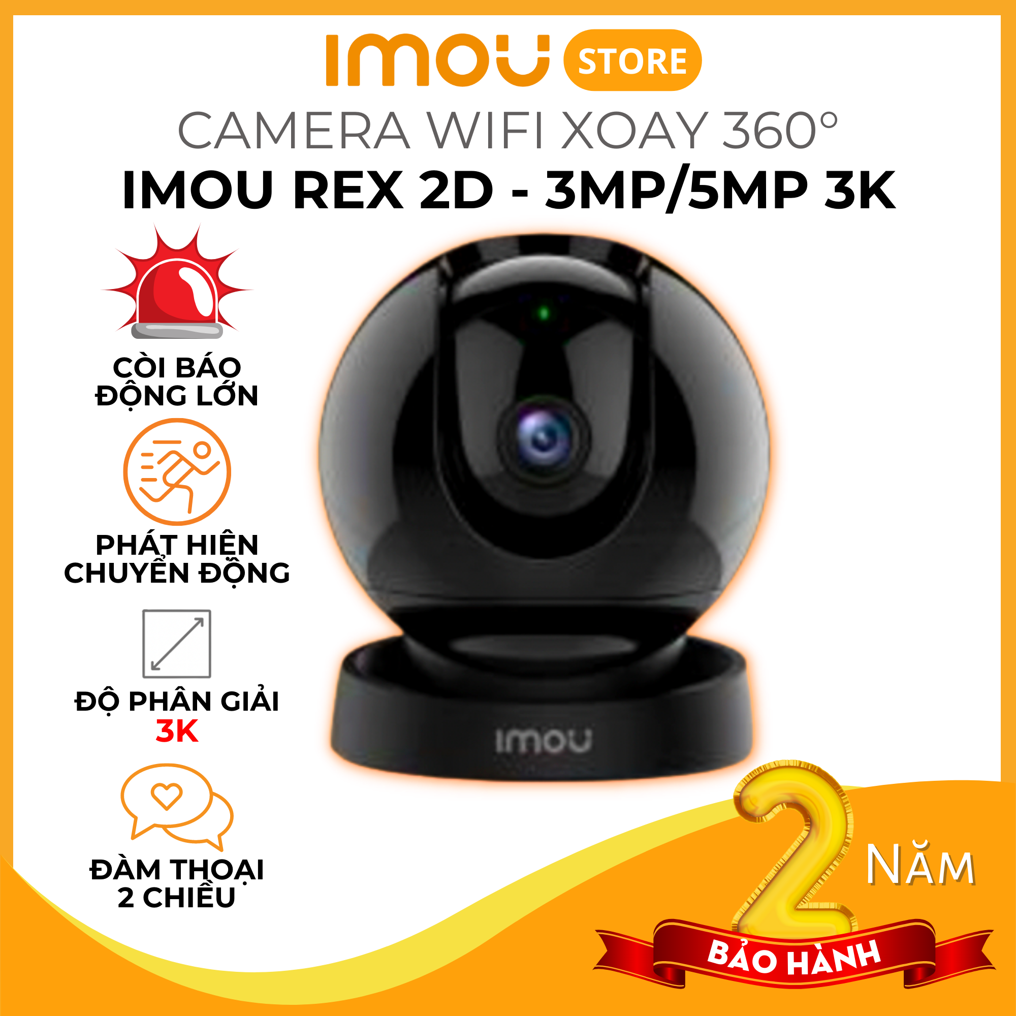 Camera Imou Rex 2D 3K 3MP/5MP - Camera quay quét 360 độ, AI phát hiện người, có còi và đèn báo, đàm thoại 2 chiều - Hàng chính hãng