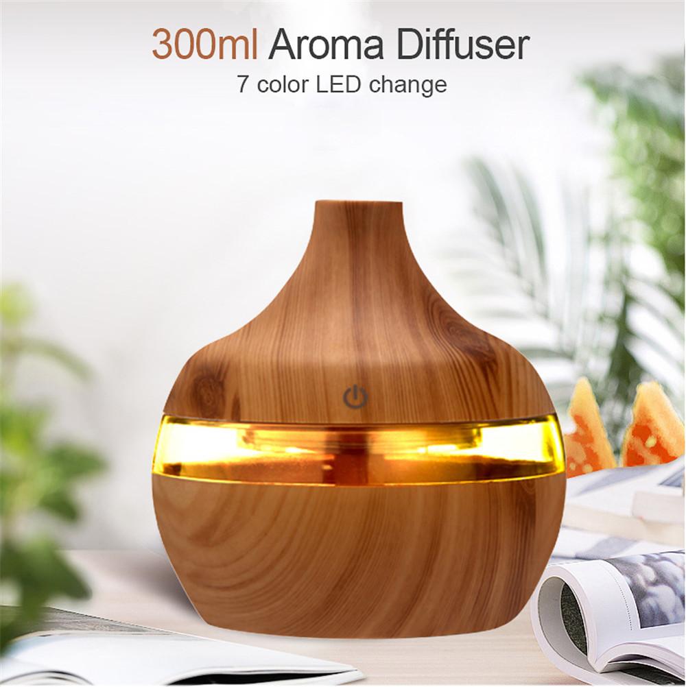 300Ml Máy Phun Sương Tạo Độ Ẩm Tinh Máy Khuếch Tán Tinh Dầu Siêu Âm Thanh Vân Gỗ Máy Tạo Độ Ẩm Không Khí USB Mini Phun Sương Tạo 7 Đèn LED xe Nhà