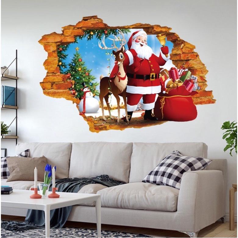 Decal trang trí Noel Hít Tĩnh Điện - Vết nứt ông già noel phát quà cùng tuần lộc