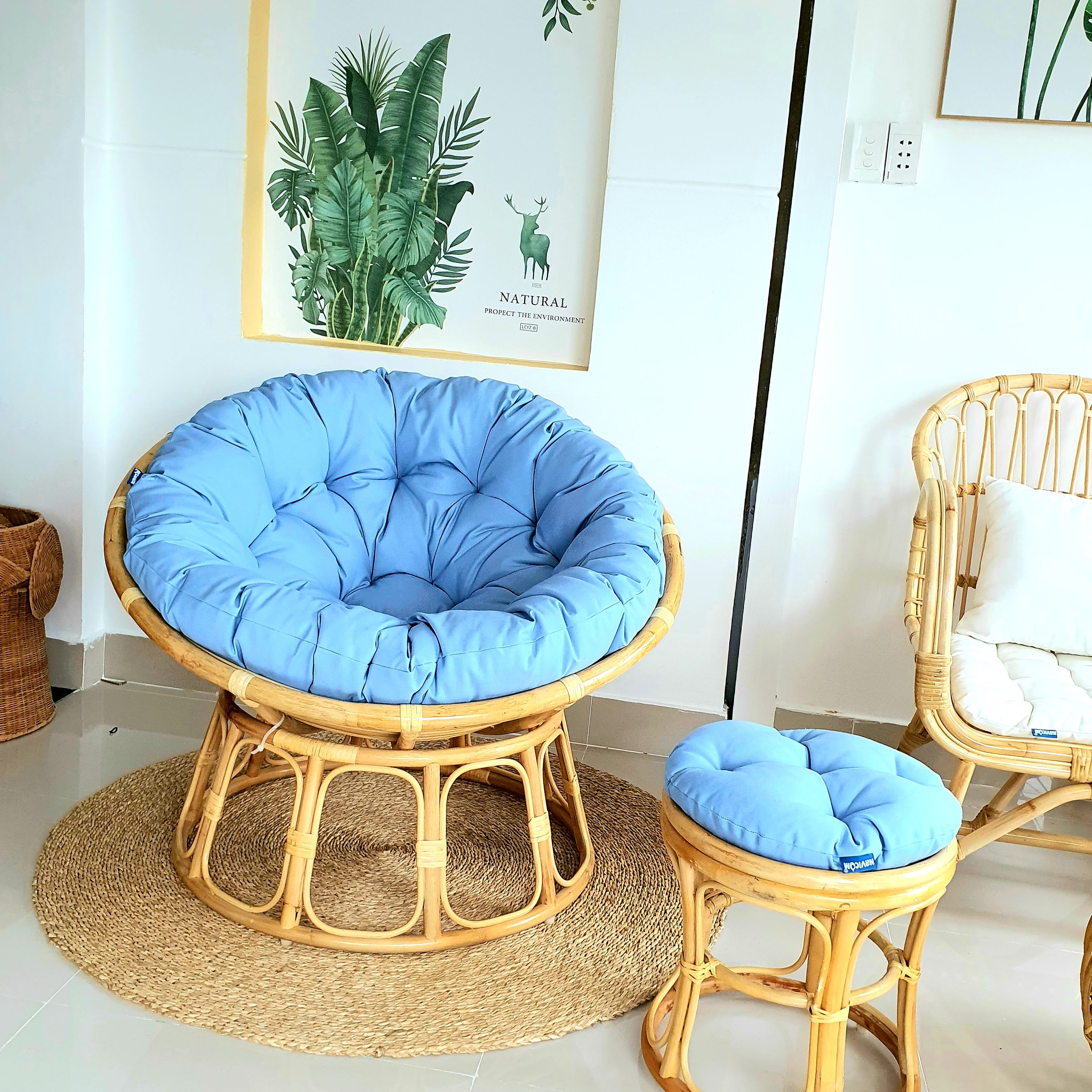 Ghế thư giãn papasan mây tư nhiên ( nệm vải bố cao cấp xanh nhạt) 