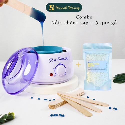 Combo Nồi Nấu Sáp Wax Lông Pro 100 + Sáp Wax Lông Cao Cấp + 5 Que Gạt Gỗ Lớn - Combo wax lông an toàn dùng cho body, tay, chân, bikini,...