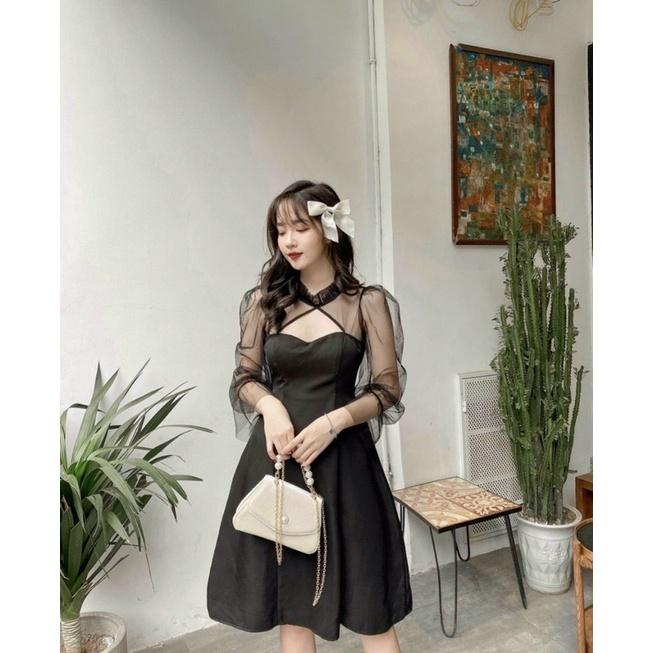 Đầm Đen Xoè Tay Phồng Váy Đen Dáng Xoè Hở Ngực Siu Xinhh