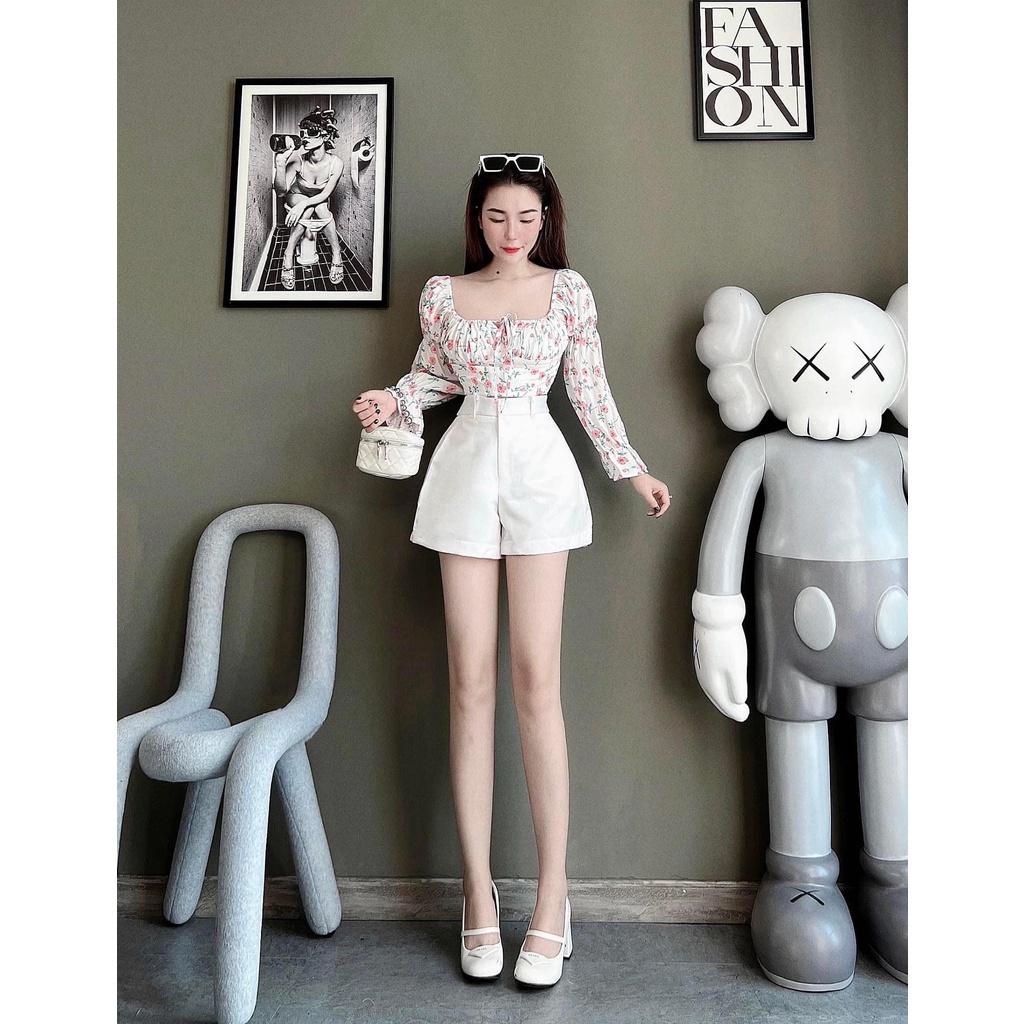 SET ĐI CHƠI, SET 2 MÓN ÁO CROPTOP CỔ VUÔNG TAY DÀI PHỒNG HOA PHỐI QUẦN ĐÙI CỰC XINH LUN Ạ