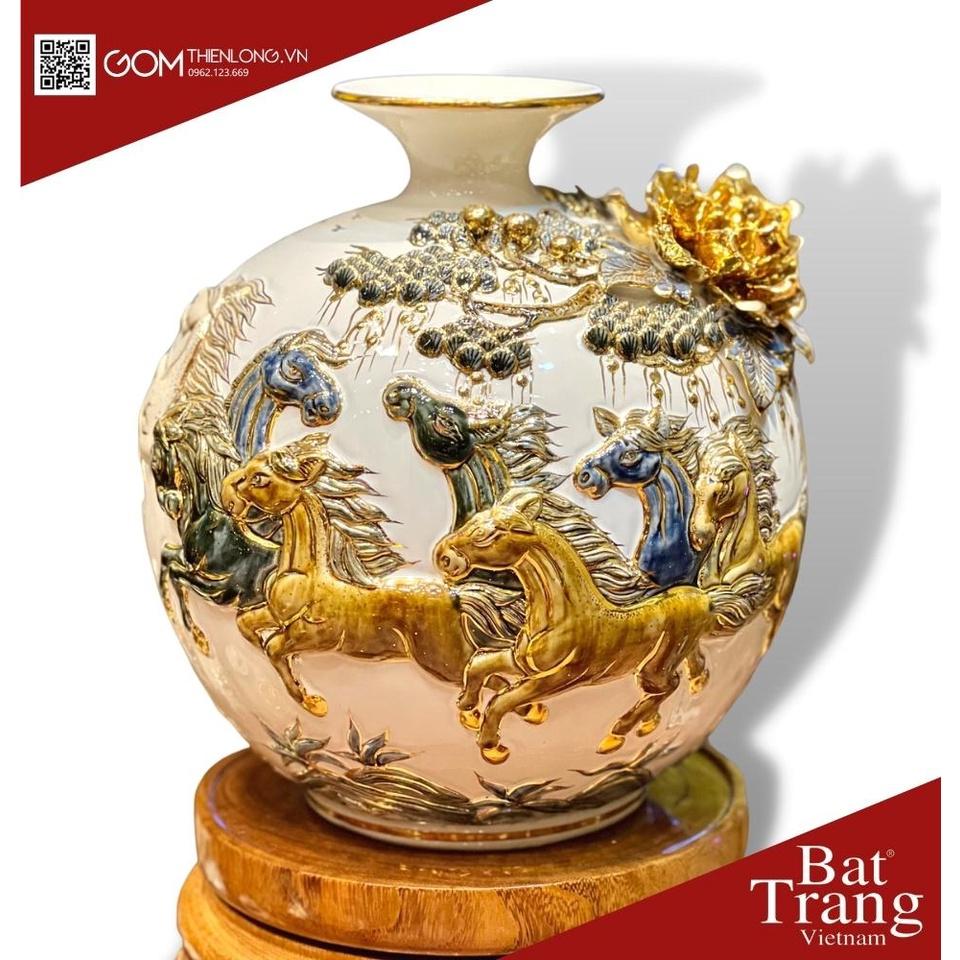 Bình Hút Lộc Mã Đáo Thành Công Màu Trắng - Vẽ Vàng Đắp Nổi Hàng Kỹ - Bình Tài Lộc Bát Tràng -Gốm Thiên Long