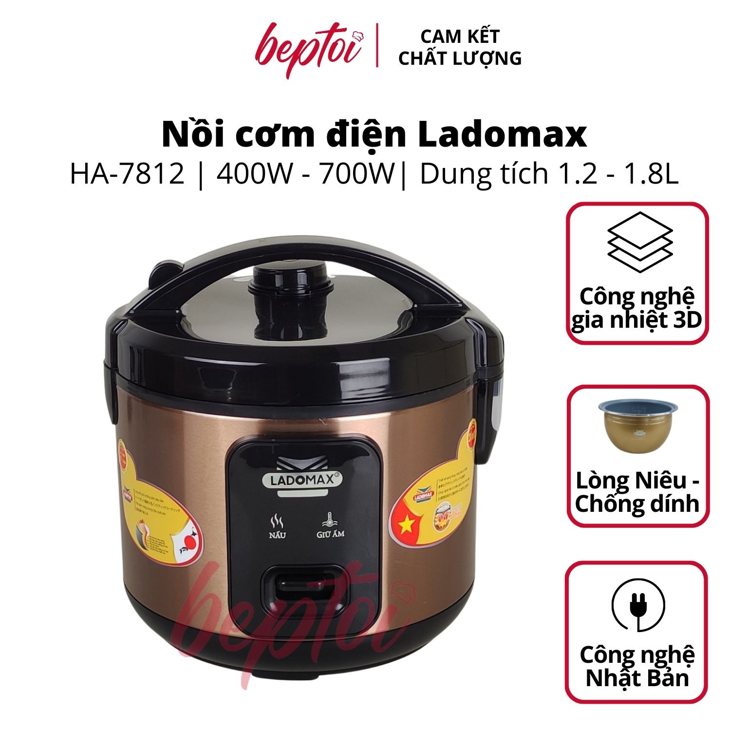 Nồi cơm điện nắp gài Ladomax, nồi cơm điện mini công suất 500W - 700W, dung tích 1.2L - 1.8L HA-78 Series Hàng chính hãng