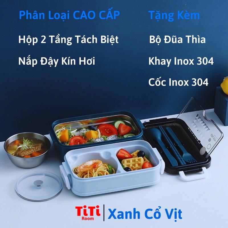 Hộp cơm giữ nhiệt, Hộp đựng cơm văn phòng Inox 2 tầng tặng kèm đũa thìa dĩa