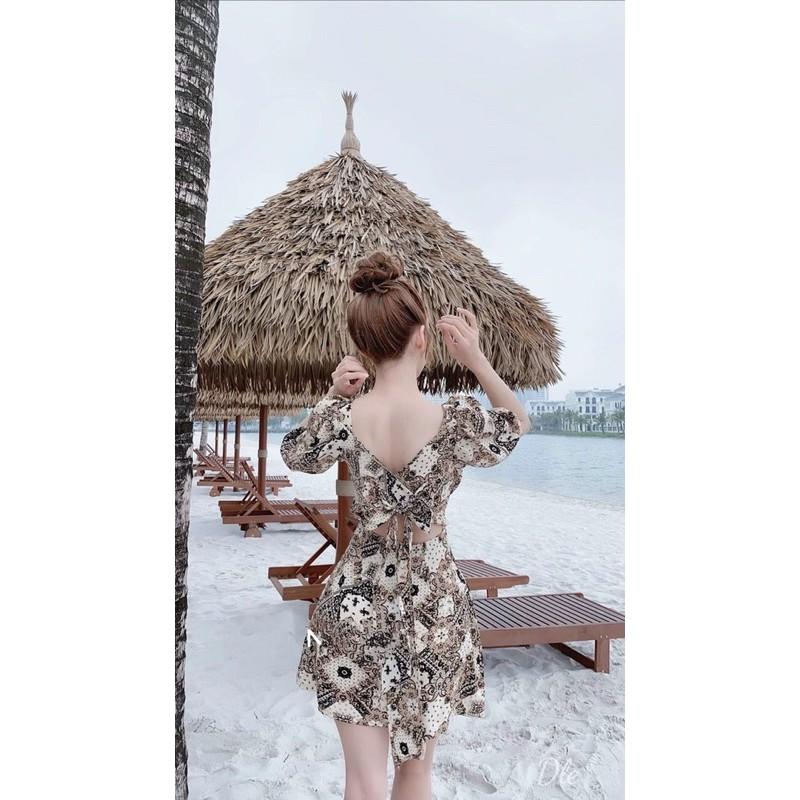 Đầm lụa xoè hoạ tiết cổ vuông kết nơ lung xinh lung linh kèm hình thật