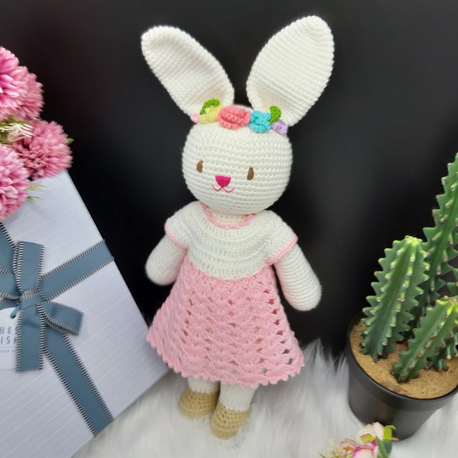 Gấu bông móc len Amigurumi cao cấp - Thỏ Lala trắng váy sò hồng quà tặng đồ chơi nhồi bông đáng yêu cho bé - SP000202