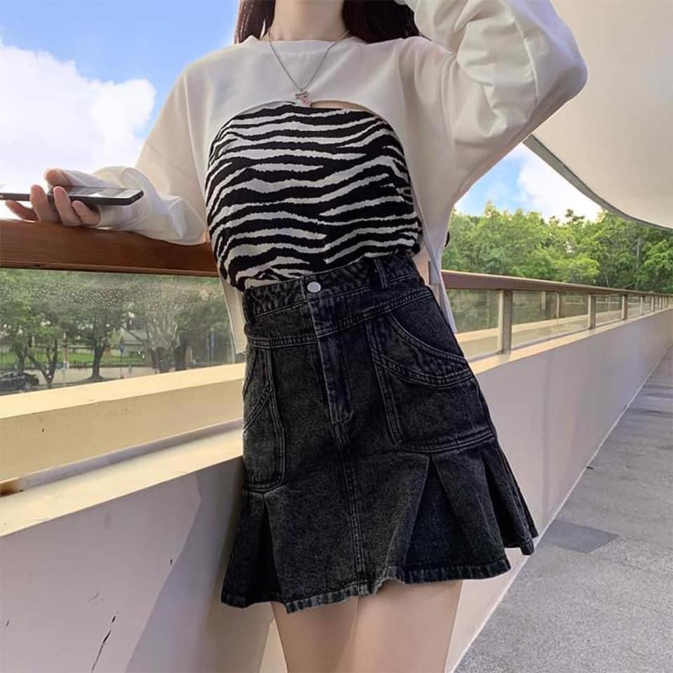 Set áo crop tay dài ngựa vằn siêu hot tiktok