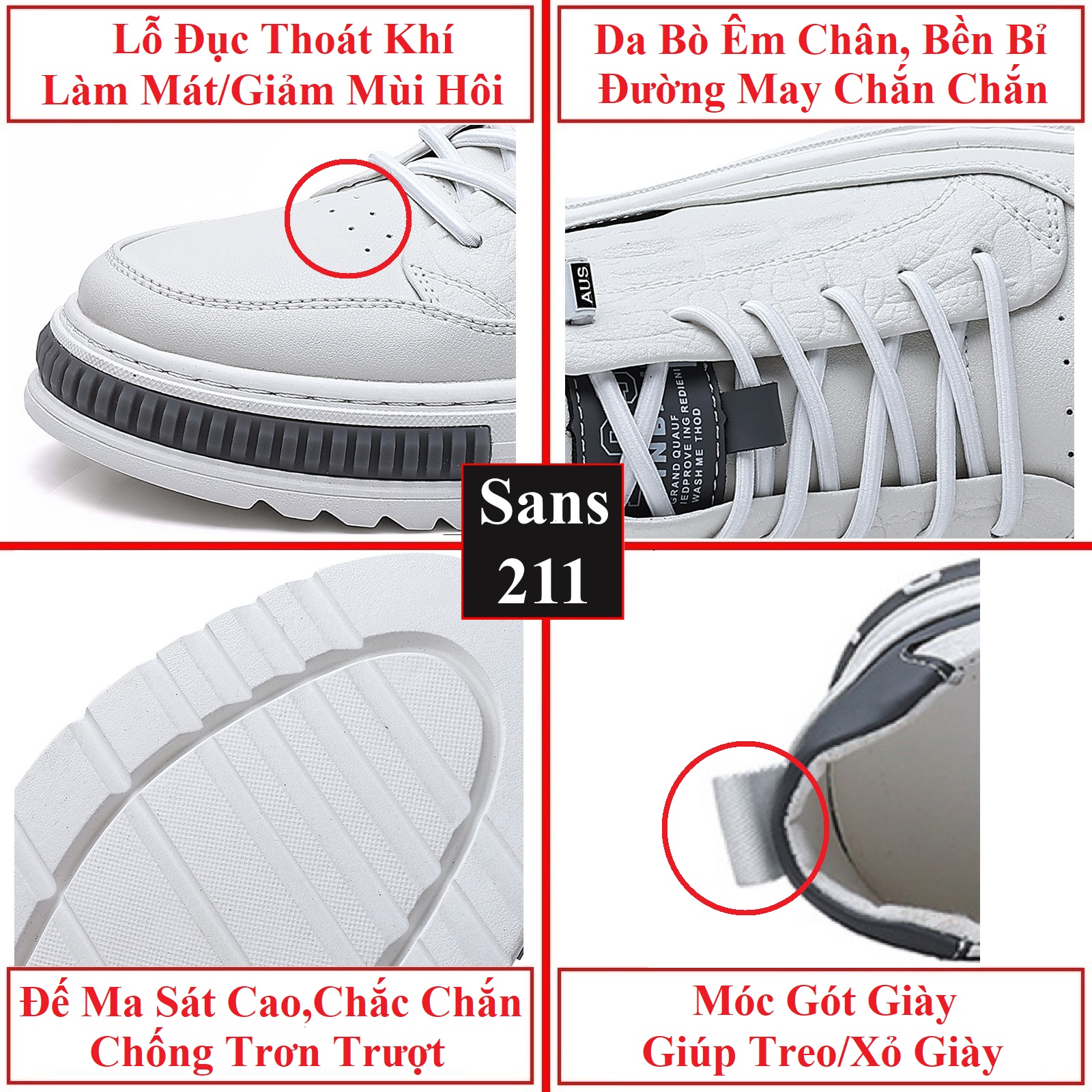 Giày thể thao nam độn đế 6cm Sans211 sneaker da bò thật tăng chiều cao đẹp màu trắng có size nhỏ 37 vân cá sấu full box