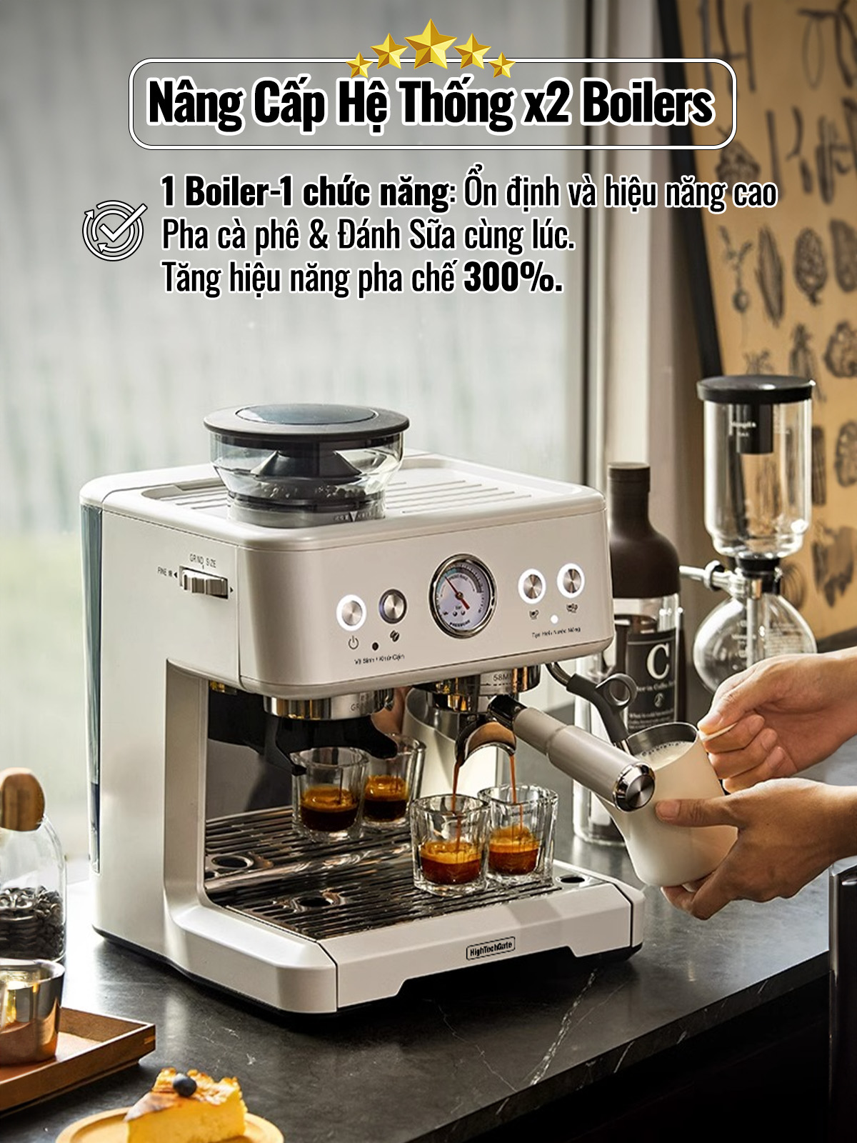 Máy pha cà phê espresso CF07-PLUS tích hợp xay hạt cà phê 20 mức, đánh bọt sữa, pha espresso 20 bar mạnh mẽ, 4 trong 1 tiện lợi, 2 boilers và DIY kiểm soát nhiệt độ 3 cấp, họng pha chuyên nghiệp 58mm