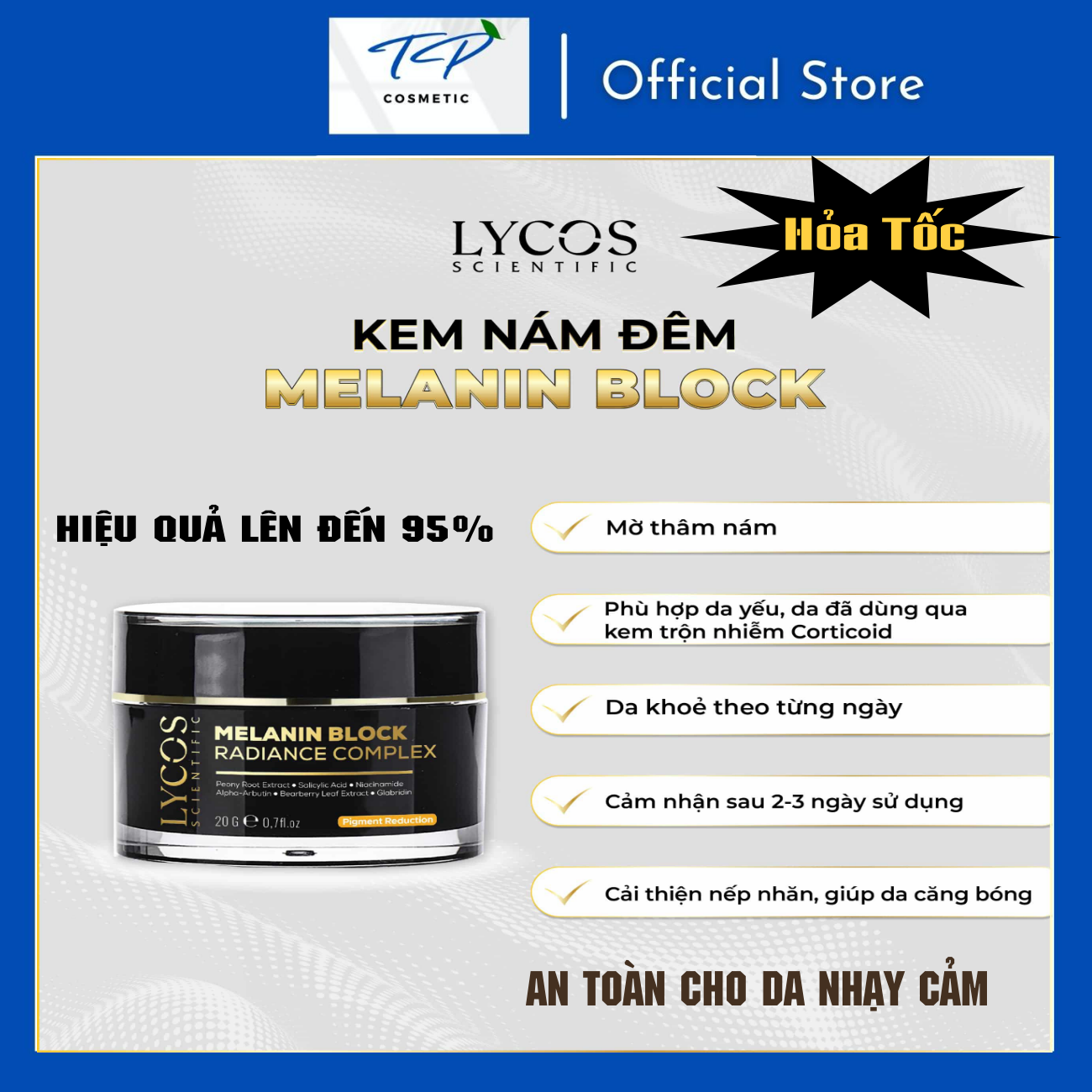 Combo 4 Sáng Da Mờ Nám Lycos: Peel Da Lycos + Kem Nám Lycos + Dưỡng ẩm Lycos + Kem Chống nắng Lycos