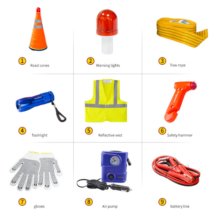 Bộ dụng cụ cứu hộ 9 món ô tô khẩn cấp cho xe ô tô, xe hơi nhãn hiệu Goodyear 3049 - Hàng nhập khẩu