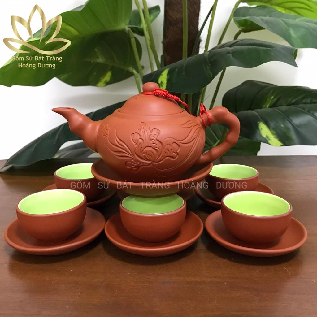Bộ ấm chén đất nung Bát Tràng khắc hoa Phù dung đỏ 280ml