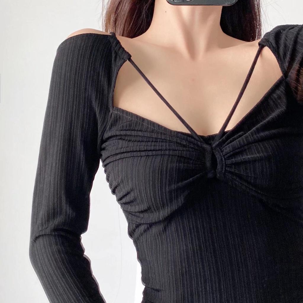 Áo croptop nữ dài tay HAGA áo khoét ngực luồn dây ALDN60