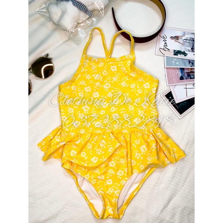 2T-5T Bikini đồ bơi đi biển 1 mảnh màu vàng 2 dây chéo hoa trắng nhí bé gái chống nắng