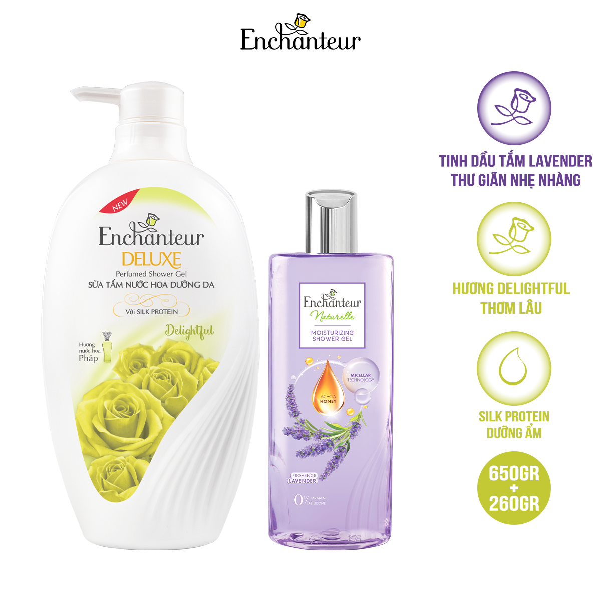 Combo Sữa tắm Enchanteur Naturelle hương hoa Lavender 260g + Sữa Tắm Nước Hoa Dưỡng Da Delightful 650G