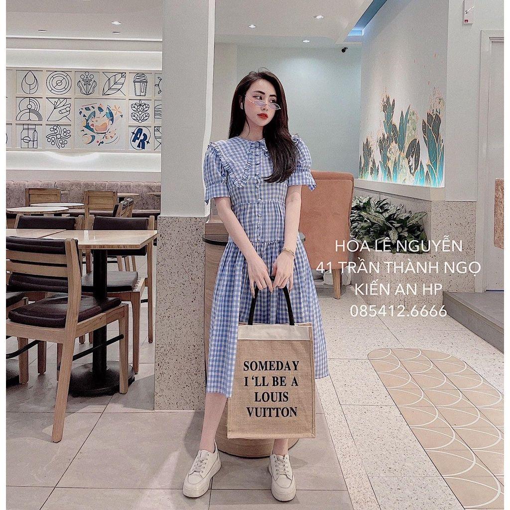 Đầm Nữ  Caro Xanh Cộc Tay Khuy Cài Dáng Xòe năng động đi làm, đi chơi, du lịch hay đi dạo đều hợp Q087