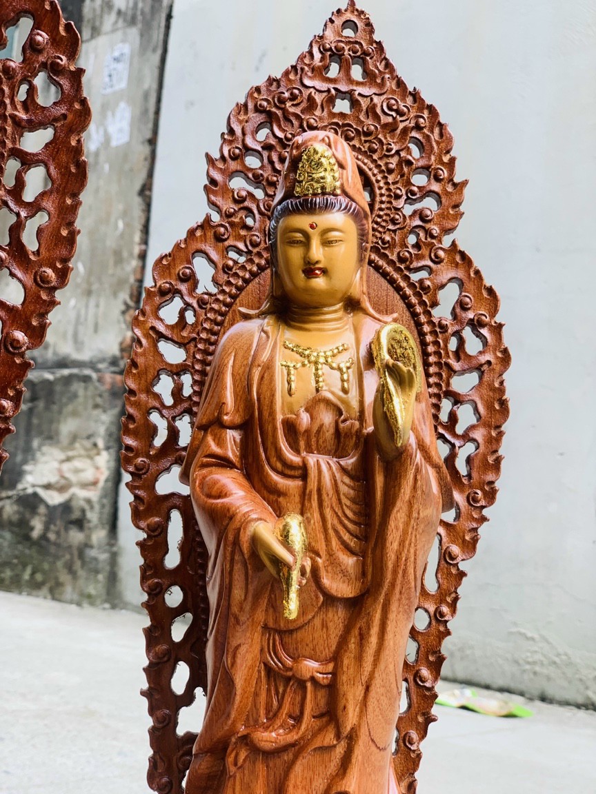 Bộ tượng phật tam thánh bằng gỗ hương đá làm mầu giả cổ kt cao 40cm