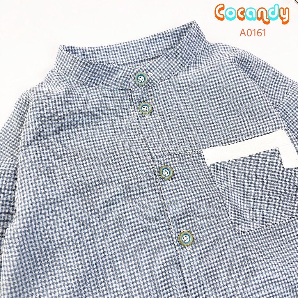 Set đồ cho bé- Áo sơ mi dài tay caro XANH, áo thun và quần cộc trắng cho bé của COCANDY mã A0161, A136A, QD101200