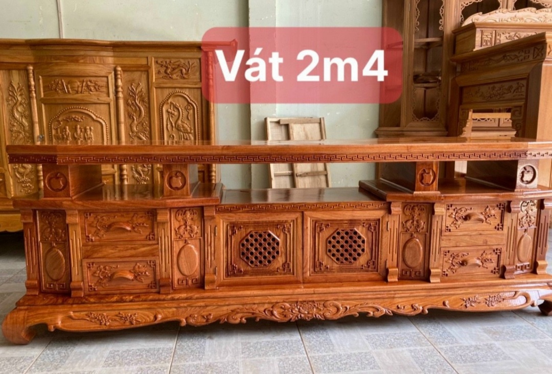 Kệ tivi vát kiểu ngang 2m4 gỗ hương đá cao cấp