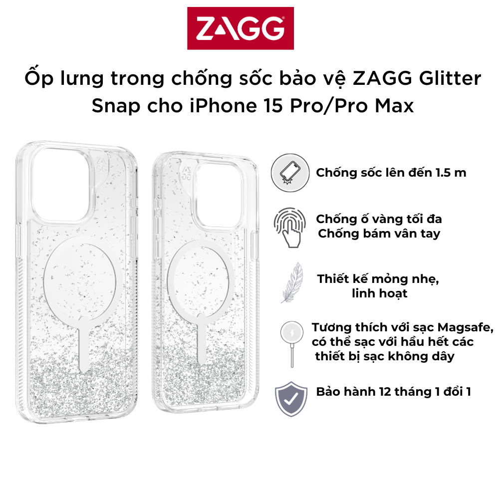 Ốp lưng trong chống sốc bảo vệ ZAGG Glitter Snap cho iPhone 15 Pro/Pro Max - bảo hành 1 năm - Hàng Chính Hãng