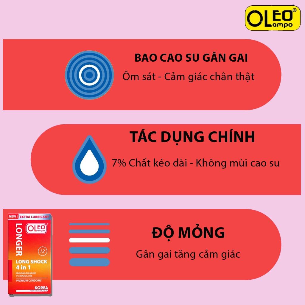 Bao cao su gân gai OLEO LAMPO Long Shock 4 in 1 Extra Lubricant gai êm nhiều gel tăng cường khoái cảm, hộp 12 chiếc