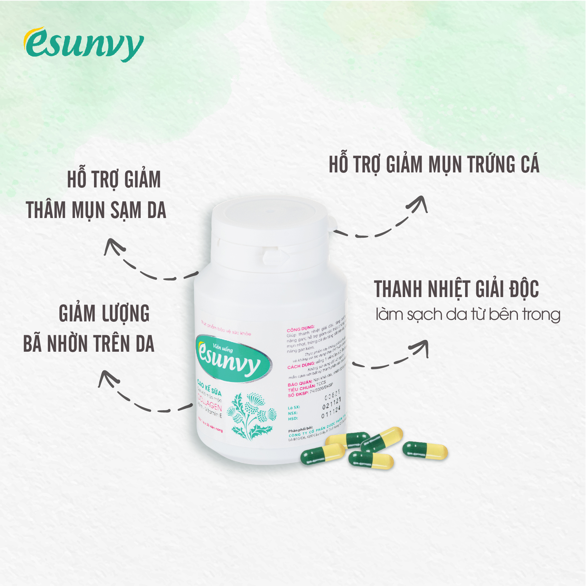 Viên Uống Esunvy - Thanh nhiệt, giải độc - Giảm mụn trứng cá, hạn chế vết thâm - Hộp 30 viên nang