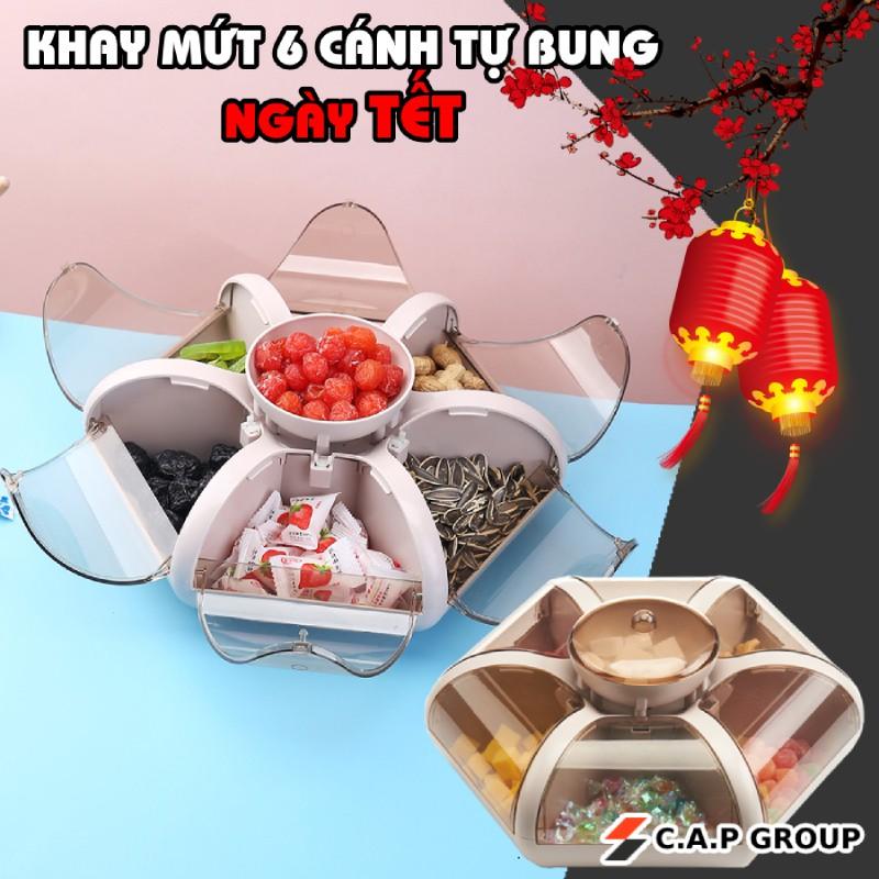 Khay đựng mứt tết bánh kẹo đồ ăn 6 cánh hoa sen tự bung thông minh, sang chảnh - Hộp đựng mứt tết 2021