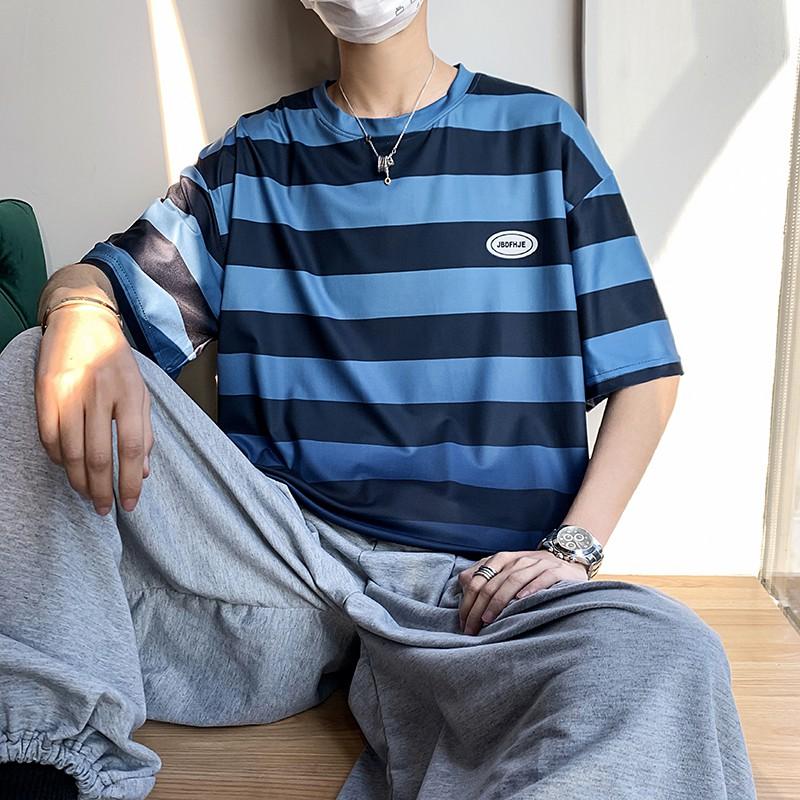 Áo Thun Nam Tay Ngắn Dáng Rộng Họa Tiết Sọc Ngang Thời Trang