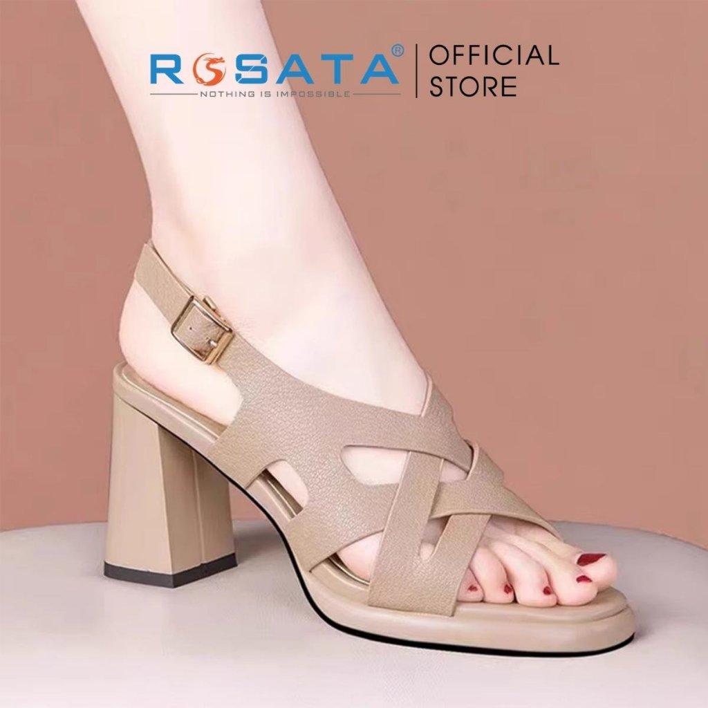 Giày sandal cao gót nữ đế vuông 7 phân mũi vuông  phối dây quai hậu cài khóa mảnh ROSATA RO596 ( Bảo Hành 12 Tháng )