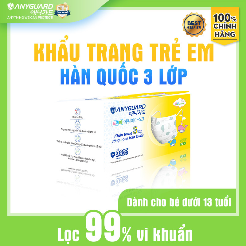 Khẩu Trang Trẻ Em Anyguard Hàn Quốc 3 Lớp Chính Hãng (Cỡ Lớn Cho Bé Dưới 13Tuổi - Hộp 50 Chiếc)-베이비 마스크 - Face Mask For Kids Under 13 yearsold-ISO 9001:2015, ISO 13485:2016, QCVN 01:2017/BTC