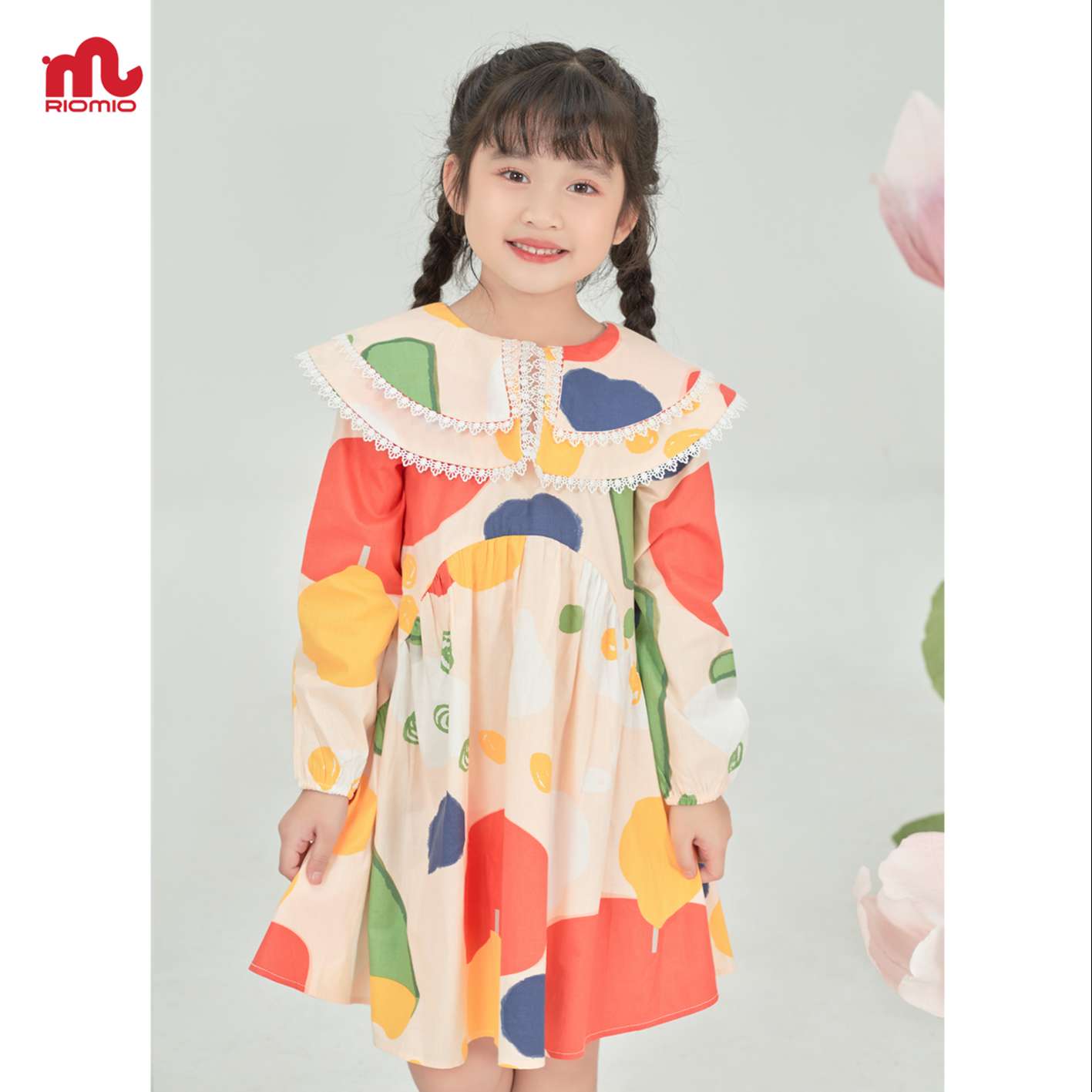 Váy cho bé gái 2-9 tuổi size 13-30kg dài tay Riomio chất liệu thô kiện mềm mịn dáng suông cổ ren kèm quà tặng - RV312
