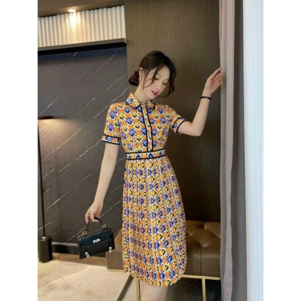 HÀNG NHẬP - ĐẦM XÒE LỤA IN HỌA TIẾT CỔ SƠ MI CHÂN VÁY XẾP LY
