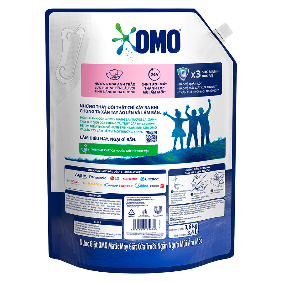 Túi Nước Giặt Omo Matic Cho Máy Giặt Cửa Trước Hương Hoa Anh Thảo - Ngăn Mùi Ẩm Mốc 4.1KG