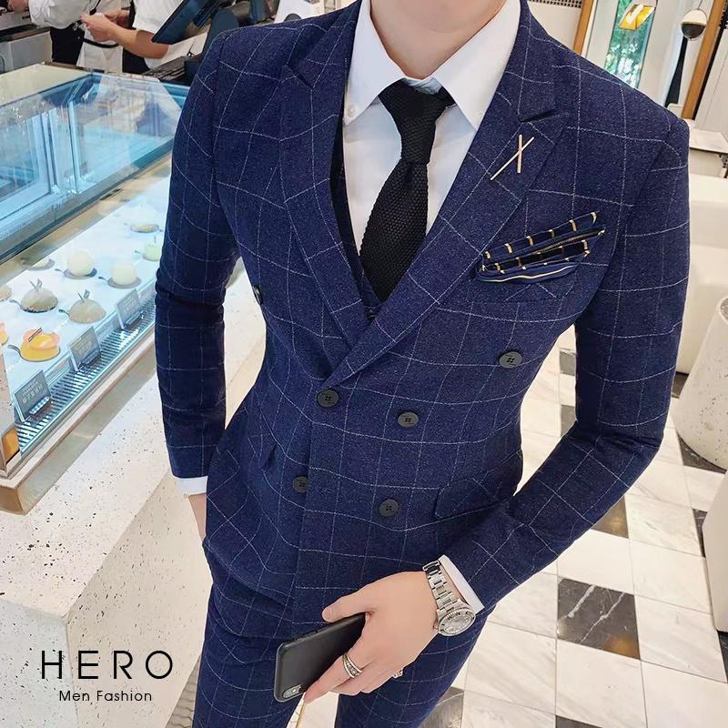 Bộ Vest Nam Cao Cấp 6 Cúc kẻ caro màu Xanh