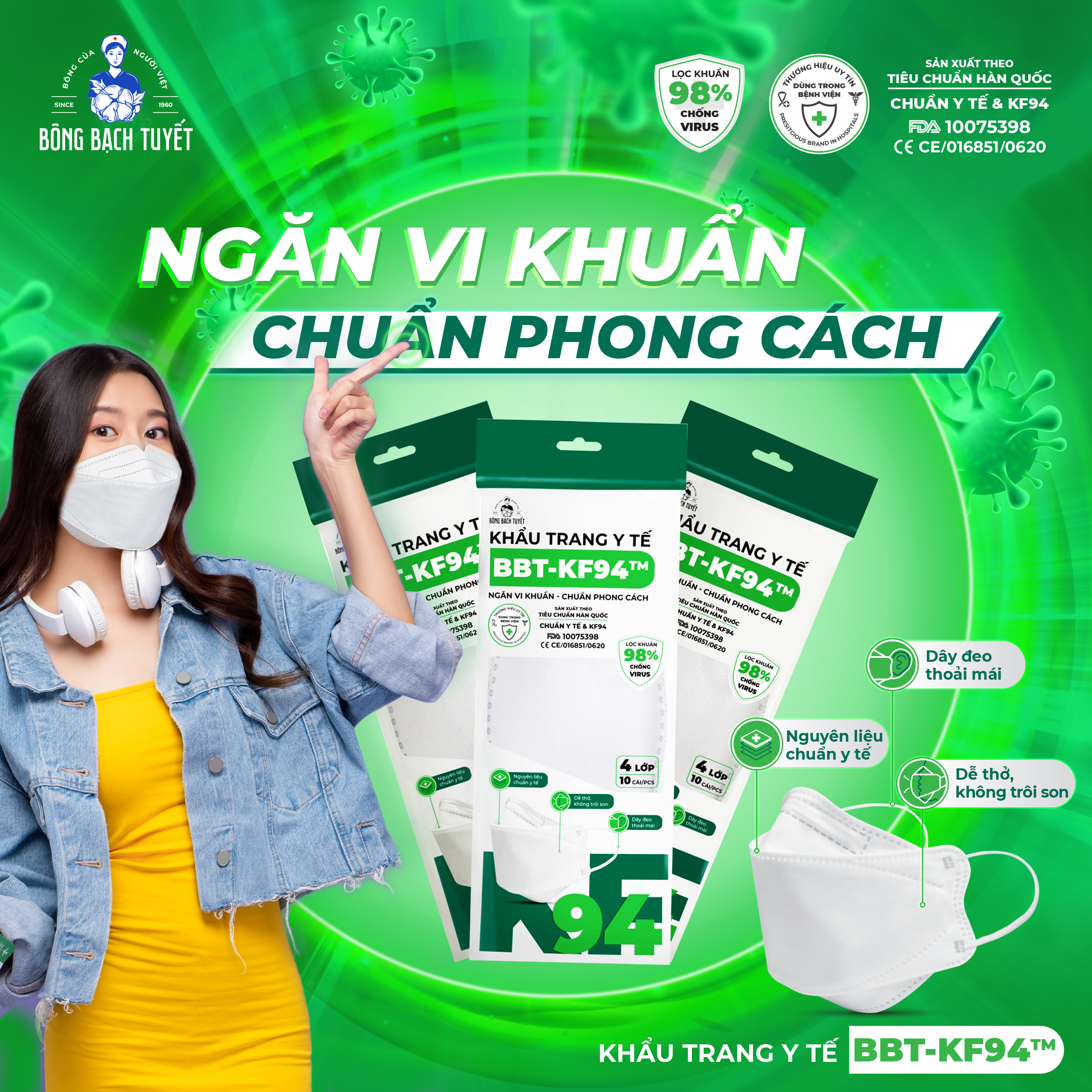 Combo 20 Gói khẩu trang Bông Bạch Tuyết KF94 Trắng (10 cái/gói)